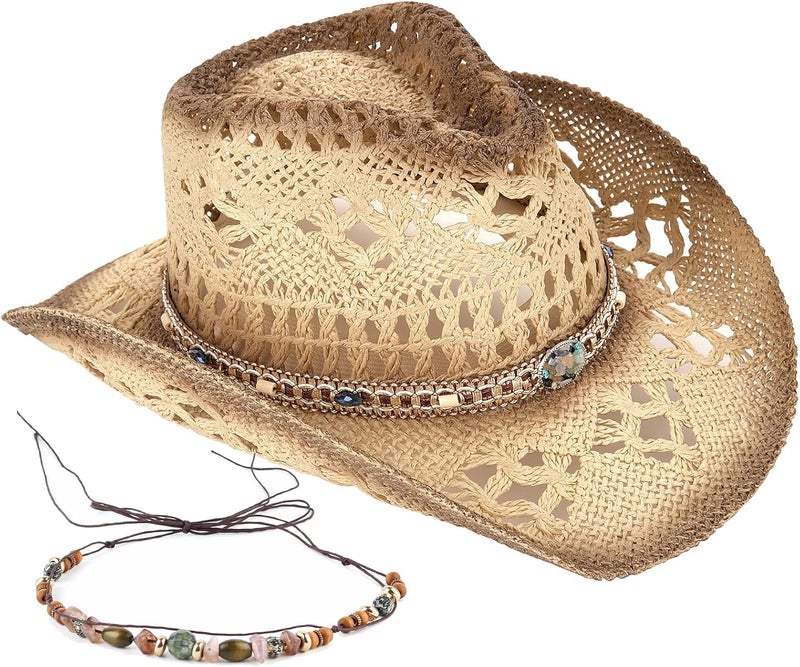 Foeran Men's Women's Straw Cowboy Hat Cowgirl Woven Sun Hat Western Cowboy Hat Two Decorative Bands - Image 1